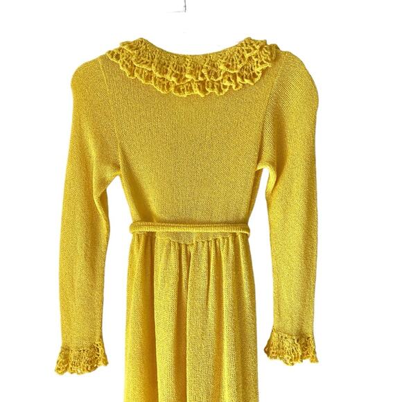 Saks Fifth Avenue Vintage Yellow Knit Crochet Disco 70s Maxi Dress Belted Small - Picture 5 of 8